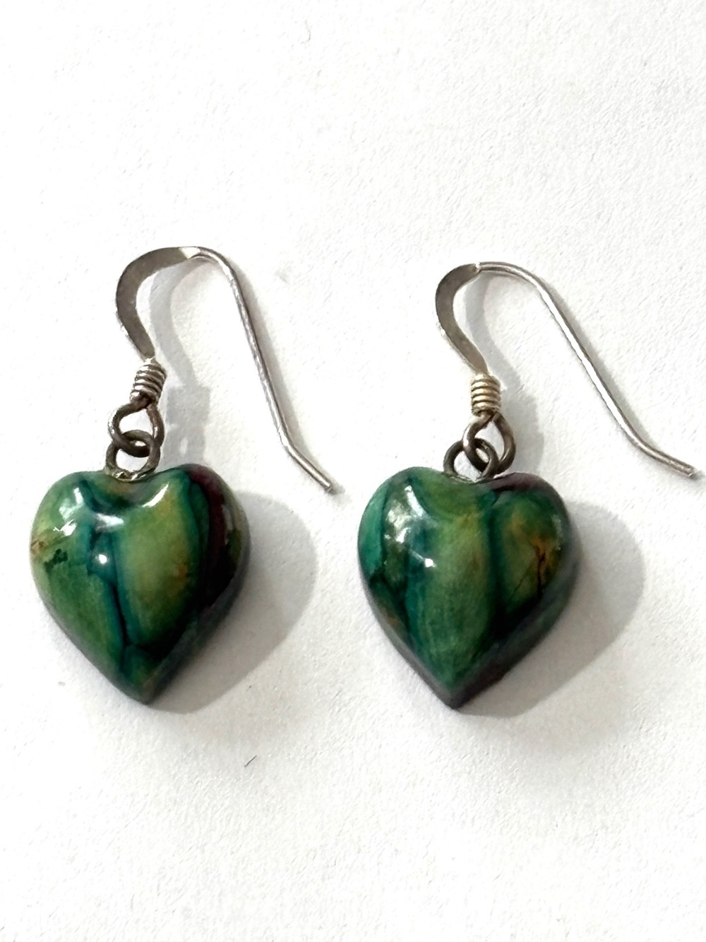 Heathergems Sterling Silver 925 Heart Earrings Green Brown Scottish Handmade